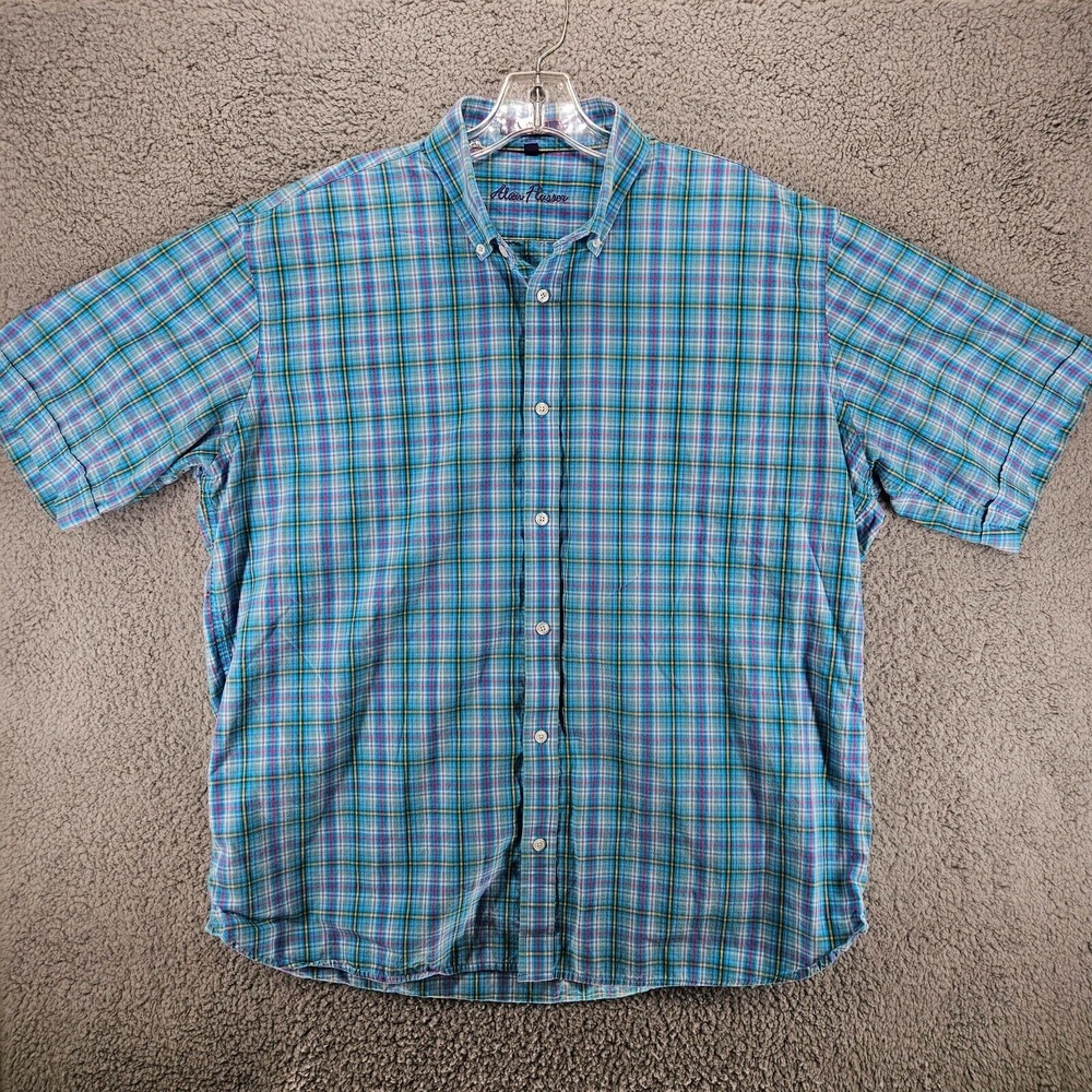 Alan Flusser Mens XL Plaid Short Sleeve Button Down Shirt 100% Cotton Blue Multi